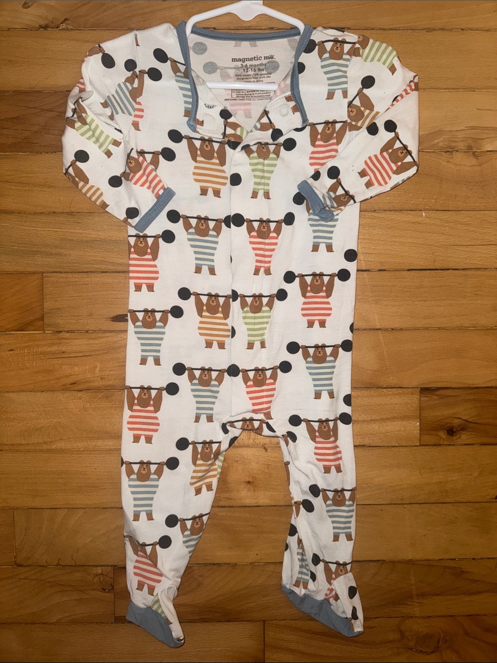 Magnetic Me White Footed One-Piece with Striped Bear Print and Blue Trim